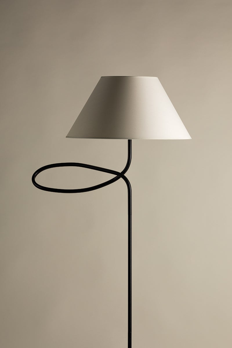 Troy Lighting Sculptural Alameda Floor Lamp with Forged Iron Body and Tapered Paper Shade