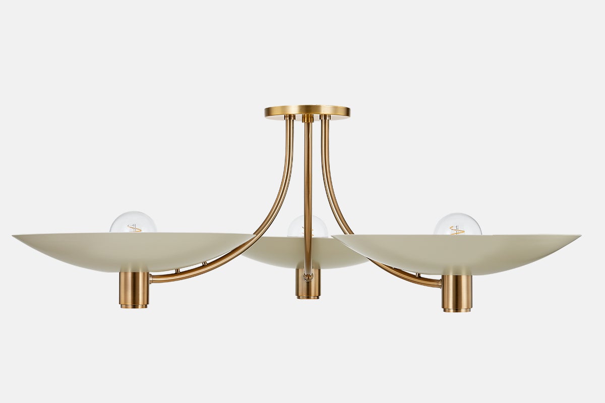 Troy Lighting Wolfe 3-Light Semi-Flush Ceiling Light in Soft Sand and Patina Brass - Mid-Century Modern Design