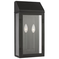 Visual Comfort Hingham Large Outdoor Wall Lantern In Textured Black Steel With Clear Glass Front And Black Candle Tubes