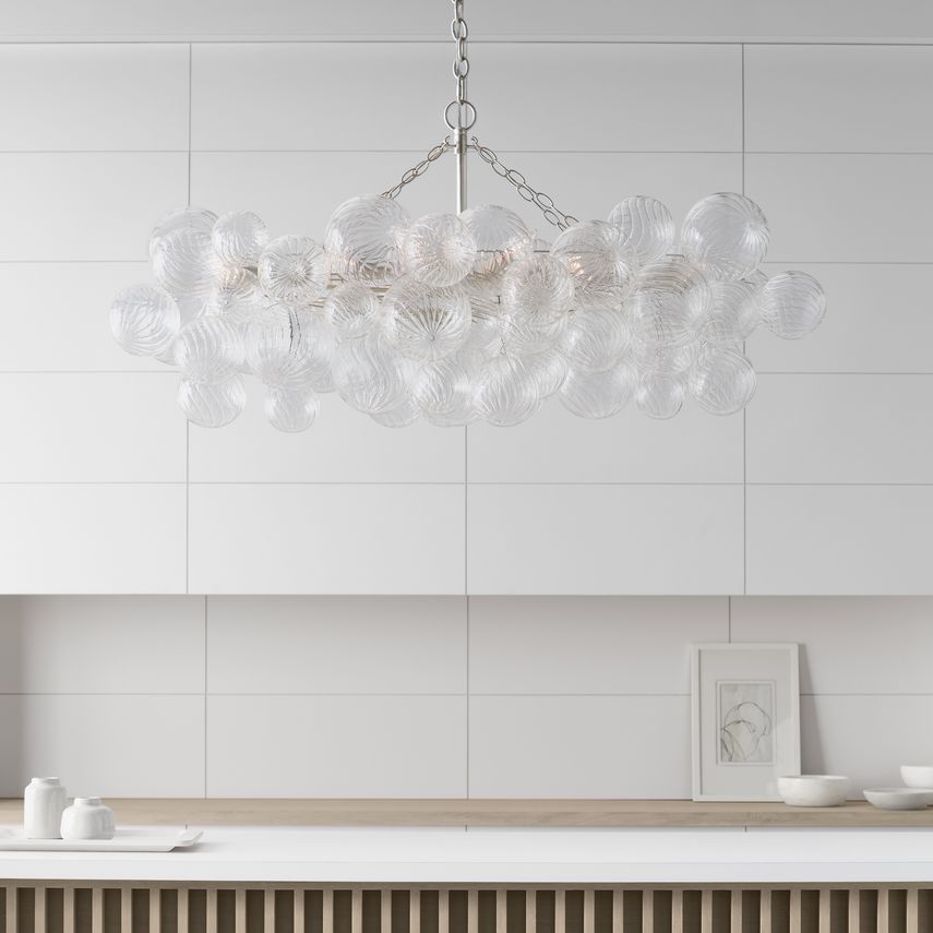 Visual Comfort Talia 8-Light Medium Linear Chandelier with Swirled Glass Orbs and Metal Baskets